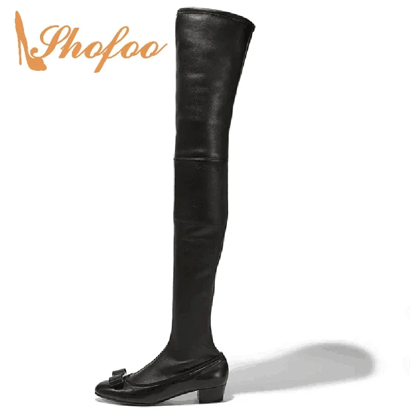 

Zipper Black Over The Knee Woman Boots Butterfly-Knot Winter Med Chunky Heels Large Size 11 16 Round Toe Novelty Mature 2021