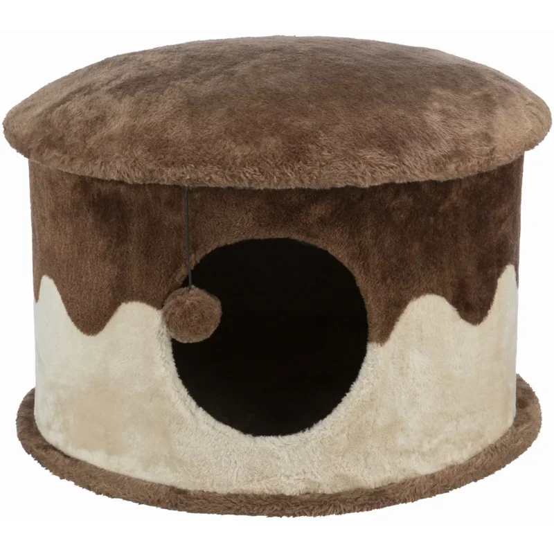 

Trixie cozy plush cover indoor cat condo with a cat toy on string, Brown-beige