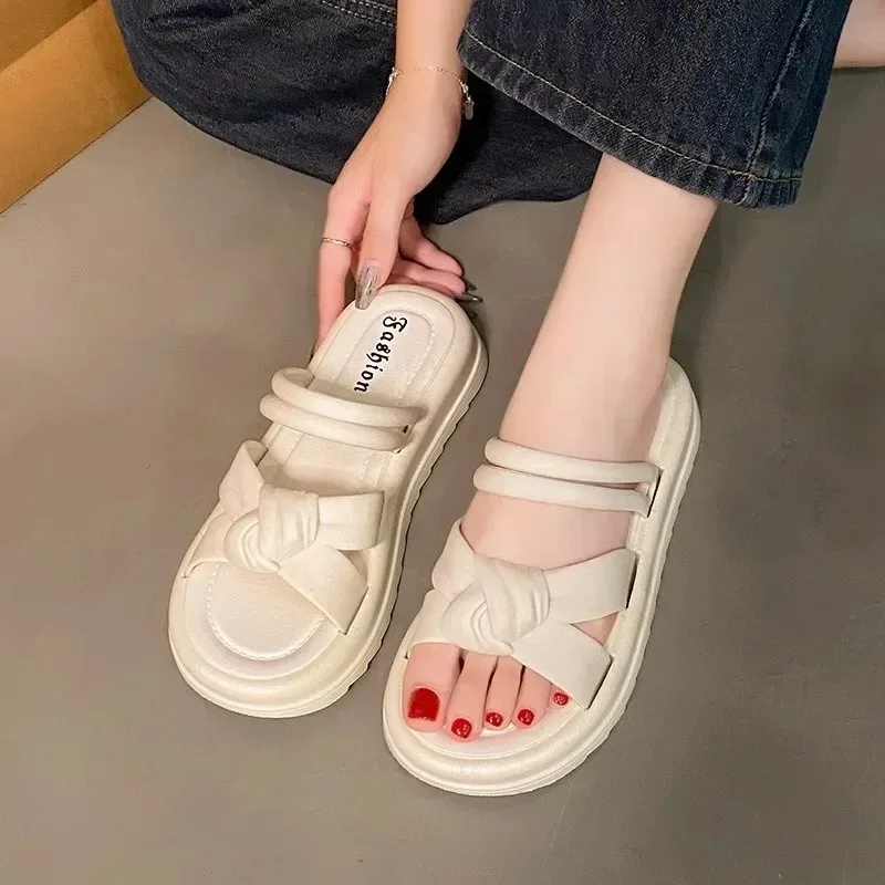 New Women's Bowknot Sandals Summer Outdoor Fashion Platform Heels Flat Elegant Woman Heeled Beach Shoes High Quality