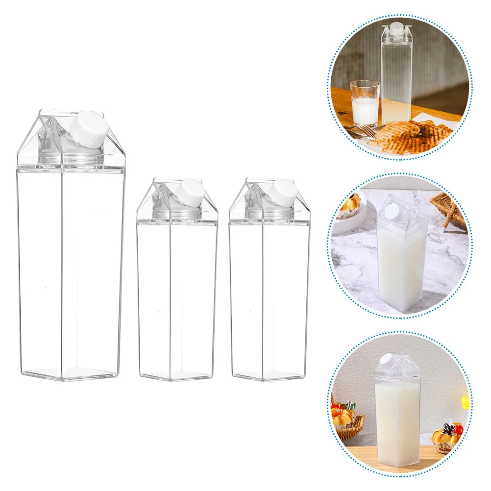 

3 Pcs Square Milk Cup Leak Proof Water Bottle Empty Bottles for Juice Household Fridge Container