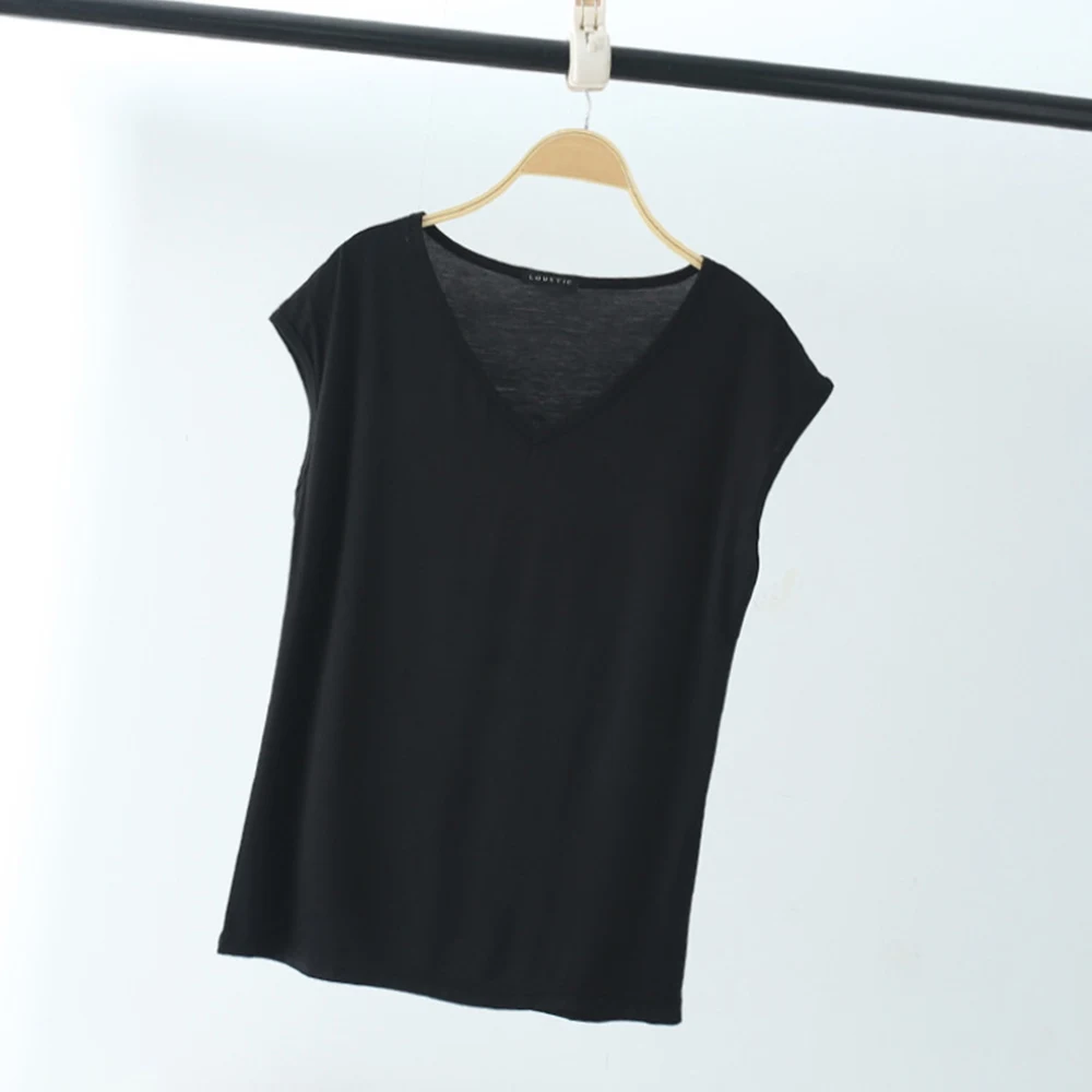 Women T Shirt Summer Loose Tee Tops Casual Undershirt Solid Color V Neck Basic Tshirt Comfortable Pullover 2023 New High226_voghion.com