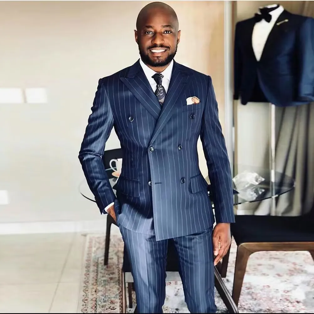 Elegant Stripe Men Suit Navy Blue Double Breasted Wedding Dress Banquet Business Party Formal Blazer Male Pant Suits 2 Piece Set