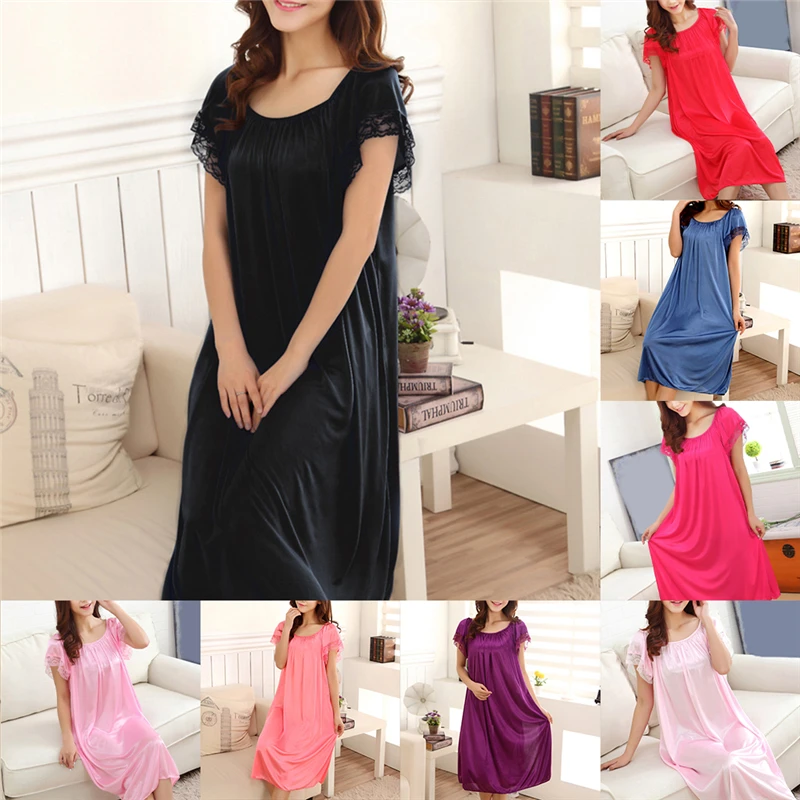

Ladies Sexy Sleepwear Dress Summer Short Sleeve O-Neck Faux Silk Satin Nightgown for Women