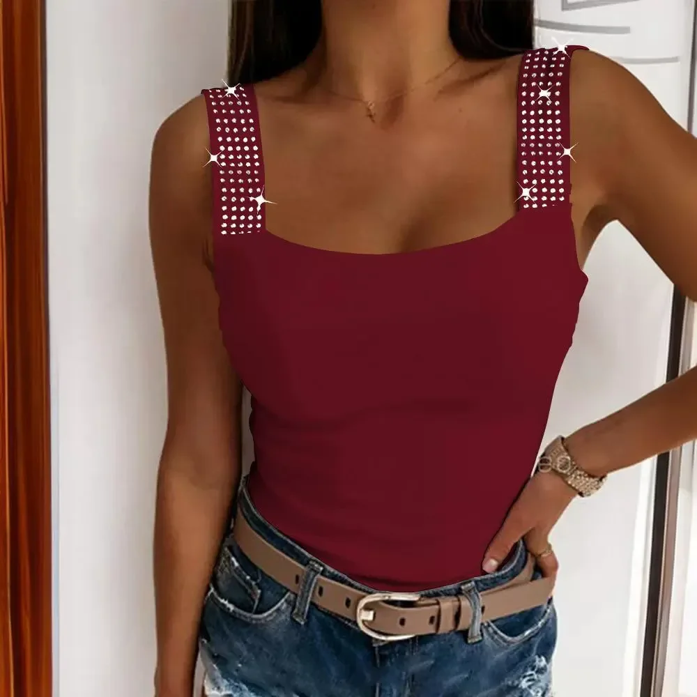 

Fashion Tank Top Women New Rhinestone Embellished Casual Plain Scoop Neck Sleeveless Daily Basics Cami Vest Female 2024 Summer