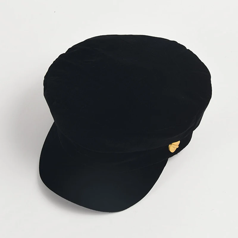 Autumn And Winter New Fashion Black Velvet Navy Cap Women's British Retro Hundred With Flat-Top Newsboy Hat