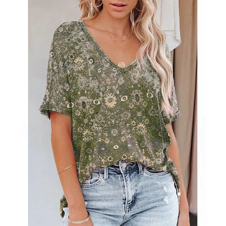 

Spring and Summer Women's V-neck Short Sleeve Loose Print Bottoming Shirt T-shirt Blouse Female & Lady Casual Fashion Tops