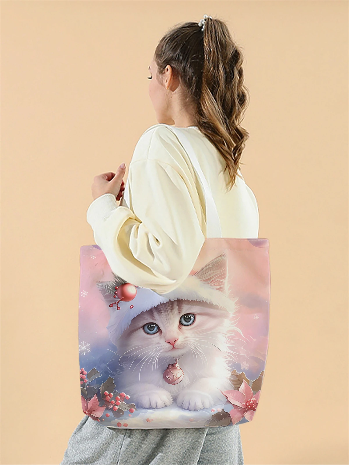 1pc,Christmas cat handbag, reusable fashionable handbag, multifunctional handbag, printed canvas shopping bag