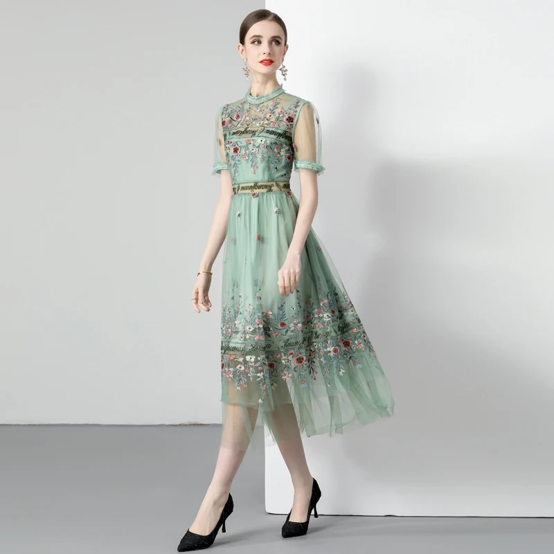 

2023 New Fashion Silk Dress Women's Summer Round Neck Short Sleeve Swing Dress Loose Fit Casual Holiday Dress Vestidos