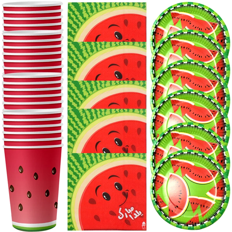 

60pcs/lot Kids Favors Watermelon Theme Cups Dishes Happy Birthday Party Plates Decorations Napkins Tableware Set