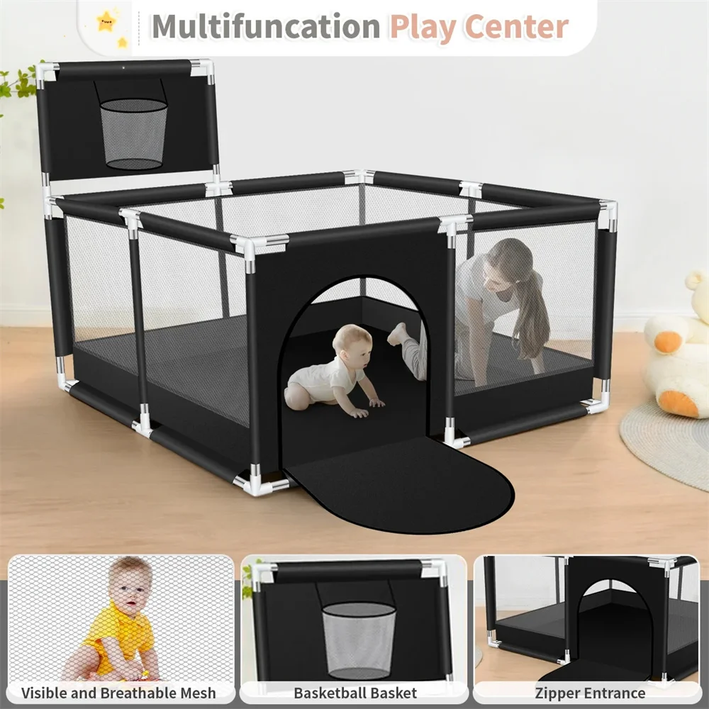 Large Square Baby Playpen (50x50 Inch) with Basketball Hoop