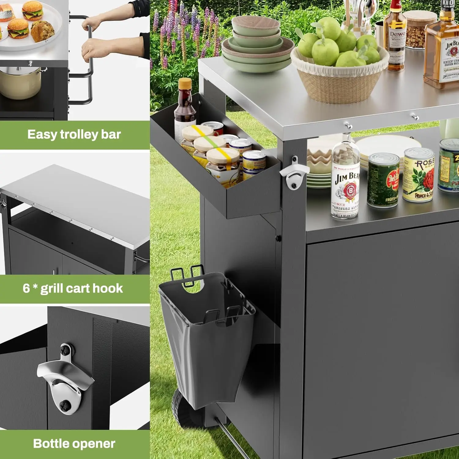 Outdoor Grill Cart with Patio Furniture, Rolling Bar Cart Outdoor BBQ Cart with Hooks and Spice Rack for Grilling