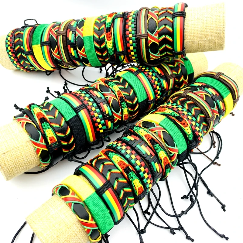 Wholesale 30/50/100pcs Handmade Leather Bracelets Bob Marley Rasta Jamaica Fashion Cuff Jewelry Party Gift Mix Red/Yellow/Green 6
