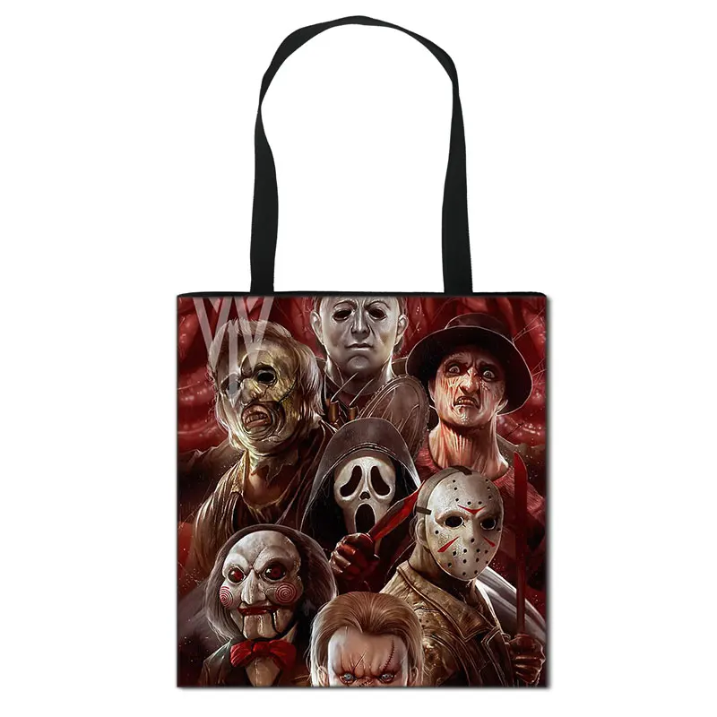 Horror Character Freddy Jason Chucky Print Female Shopping Bag Canvas Tote Bag Women Shoulder Fashion Bags Shopper  Book Bag 