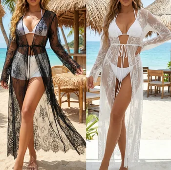 Women's Sexy See-through Lace Long Sleeve Sun Protection Cardigan Beach Cover-up Waist-cinching String Tie Outerwear 1