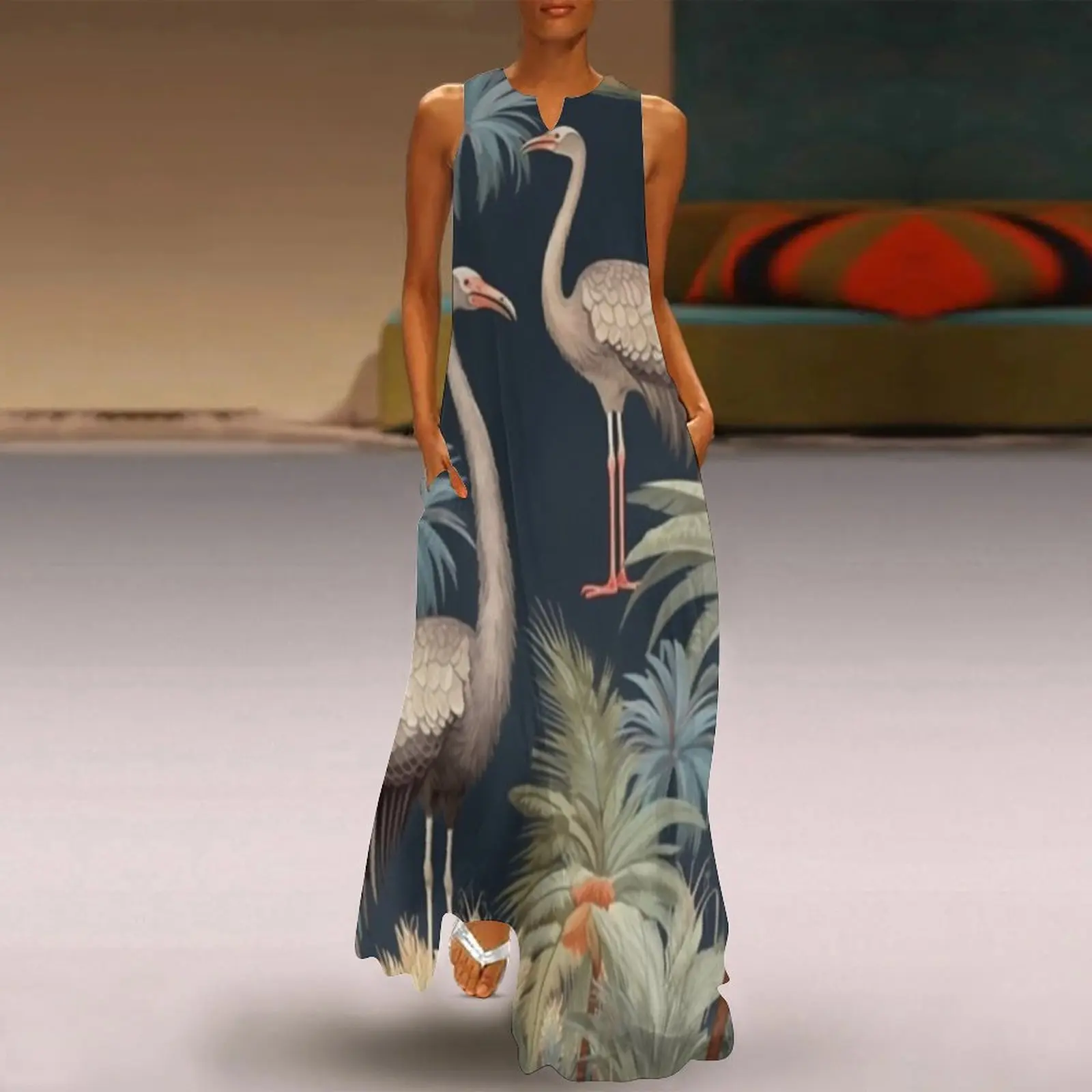 

Fashion Women's Long Dress Summer Jungle OstrichPrint Vintage DressVintageWomen's Summer Sundresses