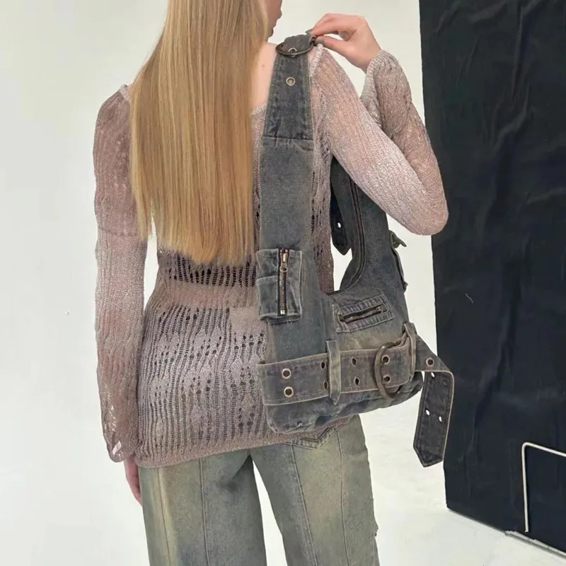 Trendy Vintage Y2k Aesthetic Women's Handbags Streetwear Grunge Denim Shoulder Bags Korean Fashion Casual All Match Underarm Bag