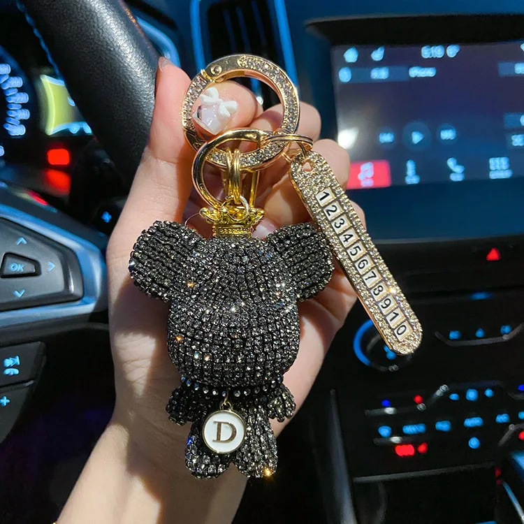 DIY Handmade Craft Bear Keychain Cartoon Diamond-studded Crown Big Head Key  chain Lady Charm Bag Car Key Chain Friend Gift