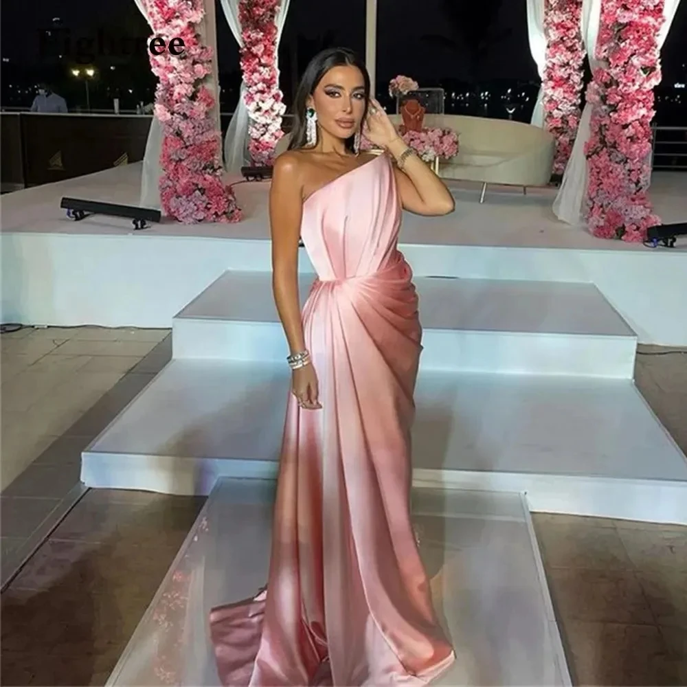 

Pink Satin Mermaid Sequined Prom Gowns One Shoulder Party Dress For Women Arabic Pleated Formal Dress Elegant Outfit For Women