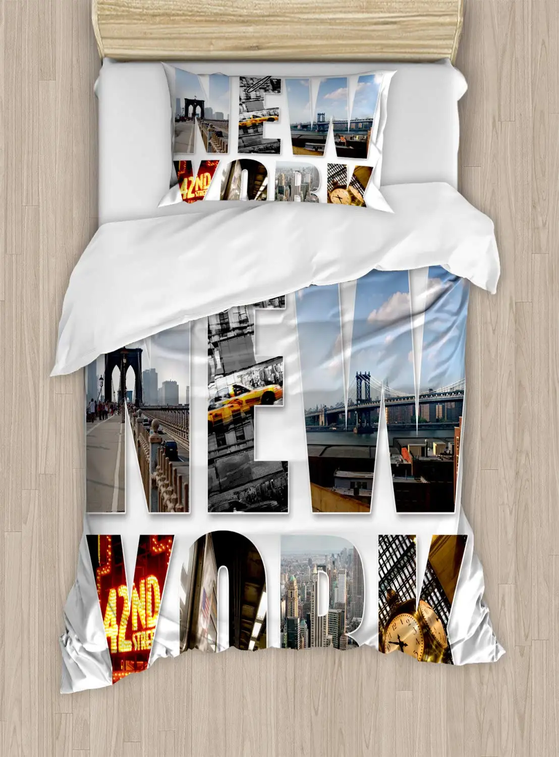 

New York Duvet Cover Set, Skyline Print Decorative 3 Piece Bedding Set with 2 Pillow Shams, Twin Full Queen King Size Room Decor