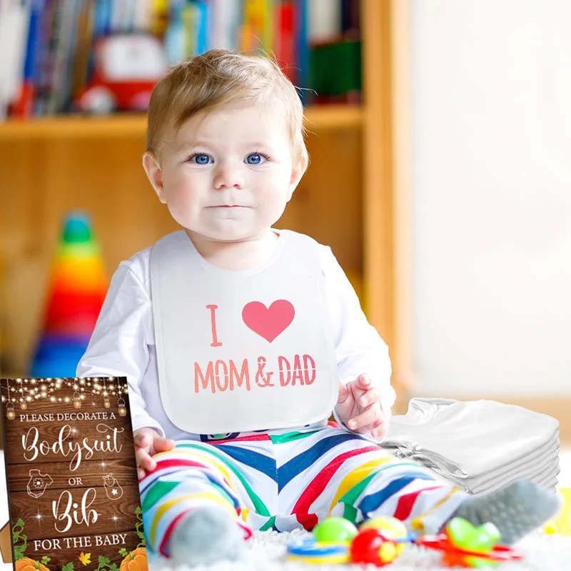 10-60 Sets Baby Shower Game Decorating Gift Baby Bibs Feeding Drooling White Bib Infant Saliva Towel Fabric Marker Stencils 4