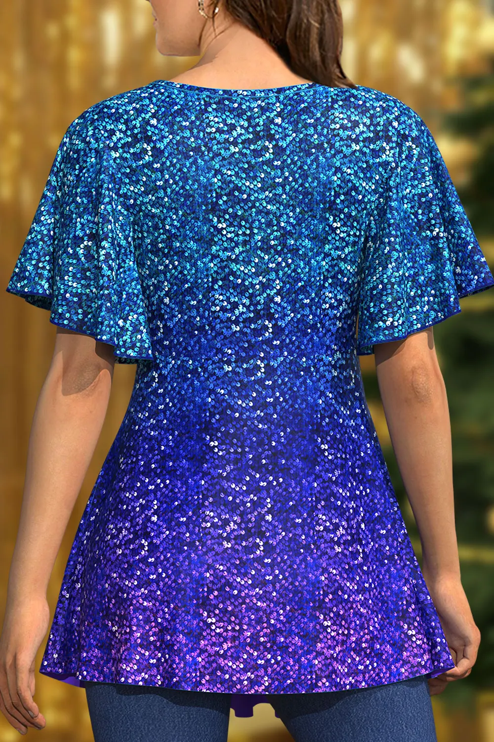 Flycurvy Plus Size Christmas Blue Ombre Sparkly Sequin Print Tunic Blouse