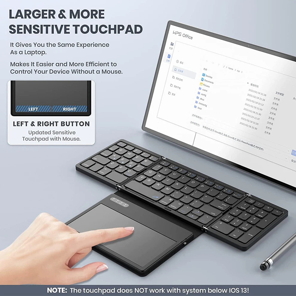 タッチパッド付き折りたたみ式Bluetoothキーボード,大型タッチ