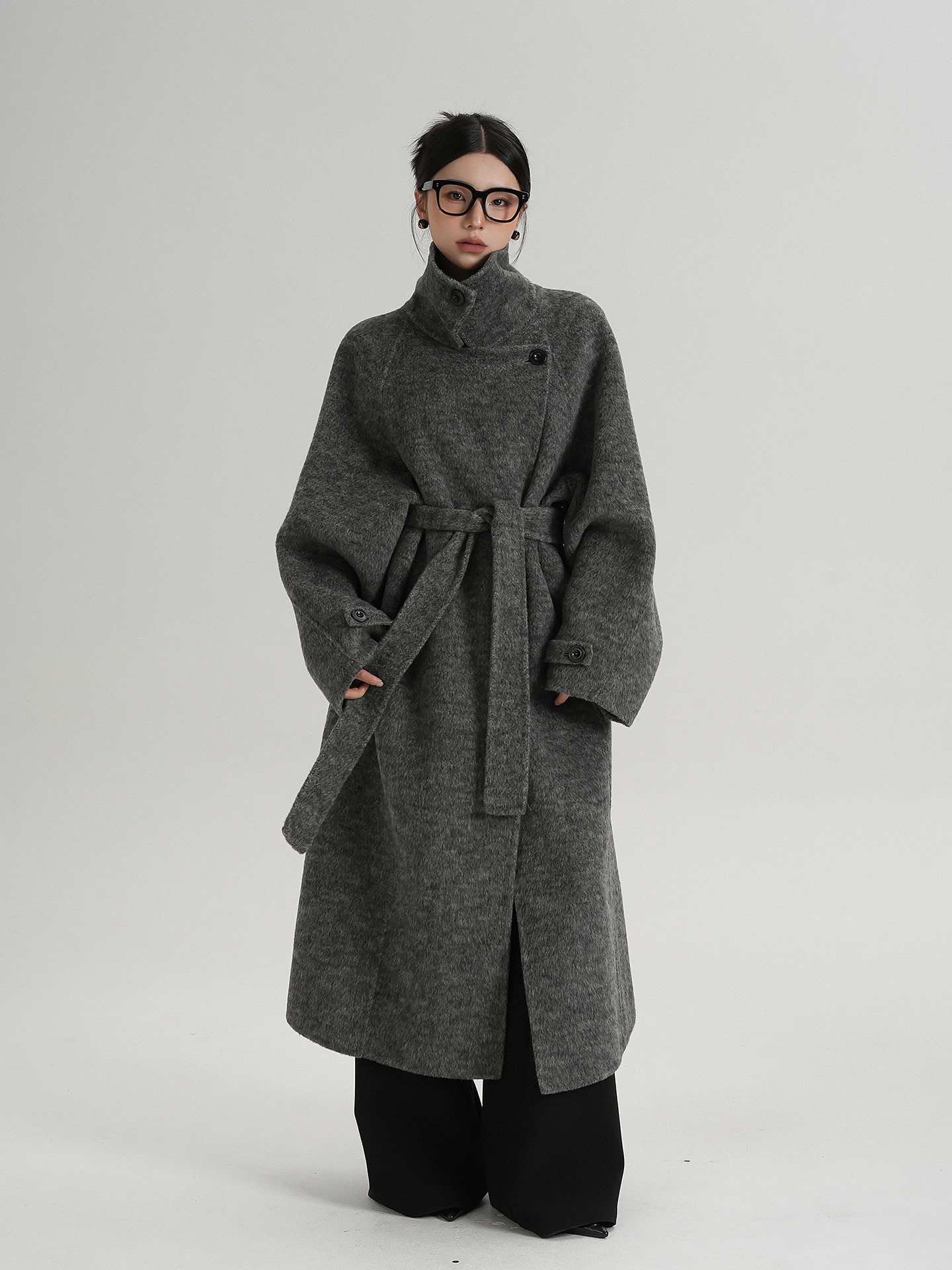 SRYS AME Double-Sided Woolen Long Loose Coat Stand Collar Women's