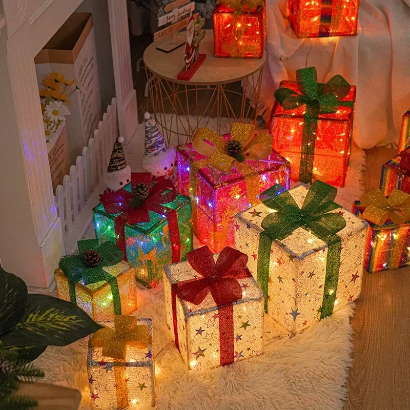 

Set of 3 50 LED Light Up Present Boxes Christmas Lighted Gift Boxes with Bowknot Pre-lit Ornament for Christmas Yard Lawn Decor