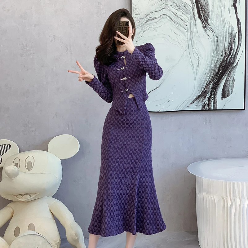 

Женский костюм с юбкой-годе, элегантный костюм из двух предметов, короткий топ с мехом норки в китайском ретро-стиле и облегающая юбка с высокой талией, осень 2023