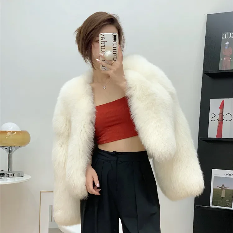 Fox Fur Coat Long Sleeves High Waist Women's Clothes Fur Coat Knitted Thick Warm Fur High Street  Jacket Young Short Outerwear