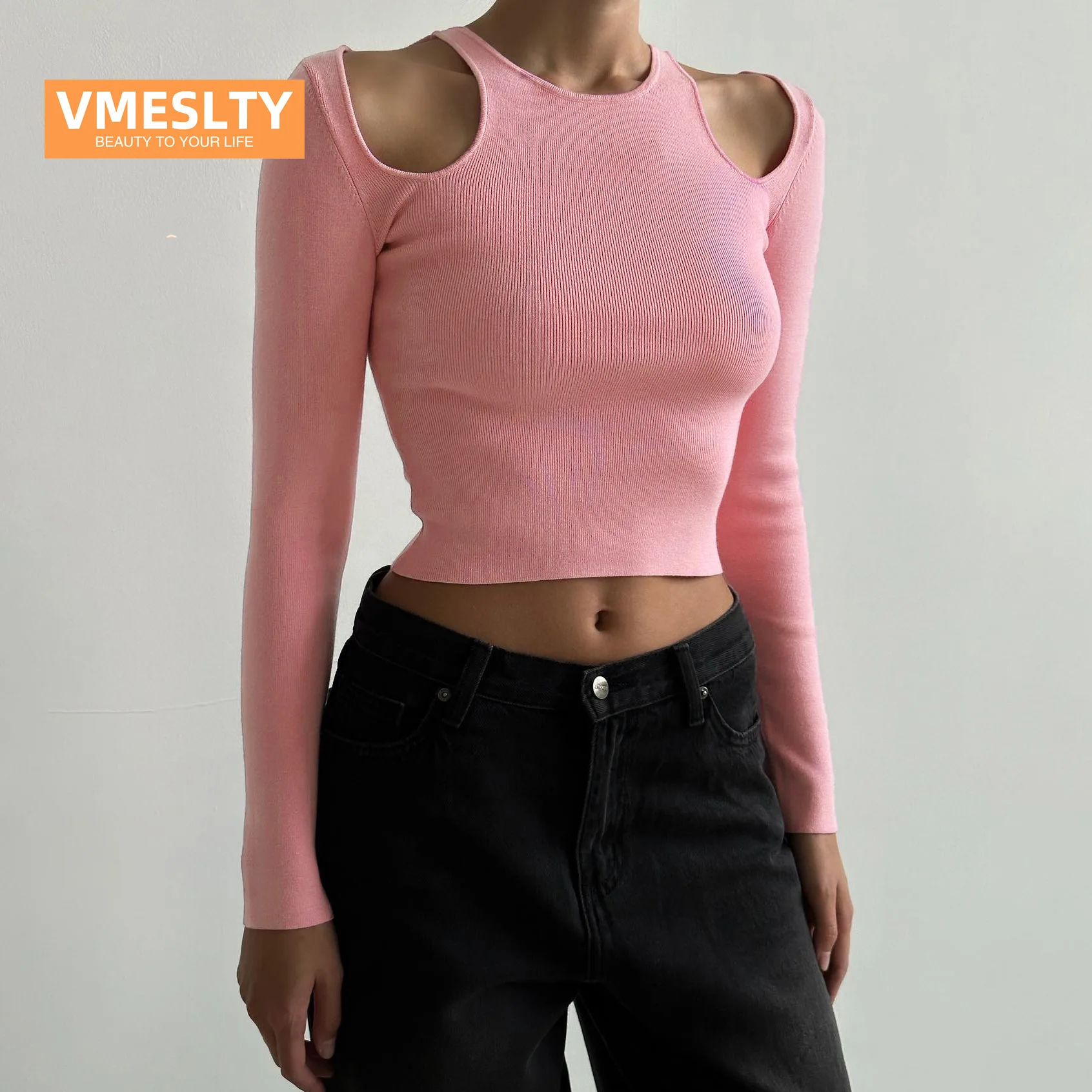 

VMESLTY Off-the-Shoulder Y2k Chic Top High Elastic Casual Thread Cloth Autumn Midriff-Baring Long Sleeve Ins