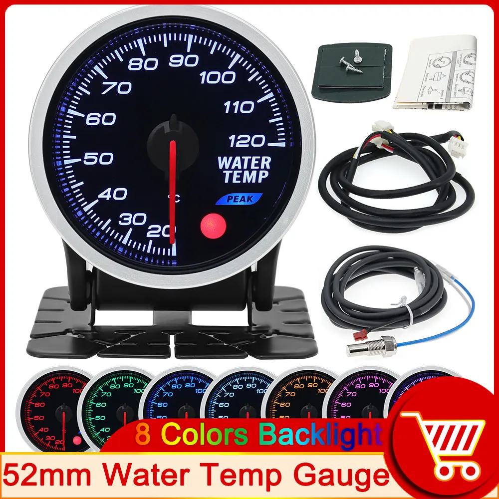 

HD 20~120℃ Water Temperature Gauge with 8 Color Backlight 2" 52MM Water Temp Meter+Sensor 1/8NPT 10MM 12V Car Gasoline Engine