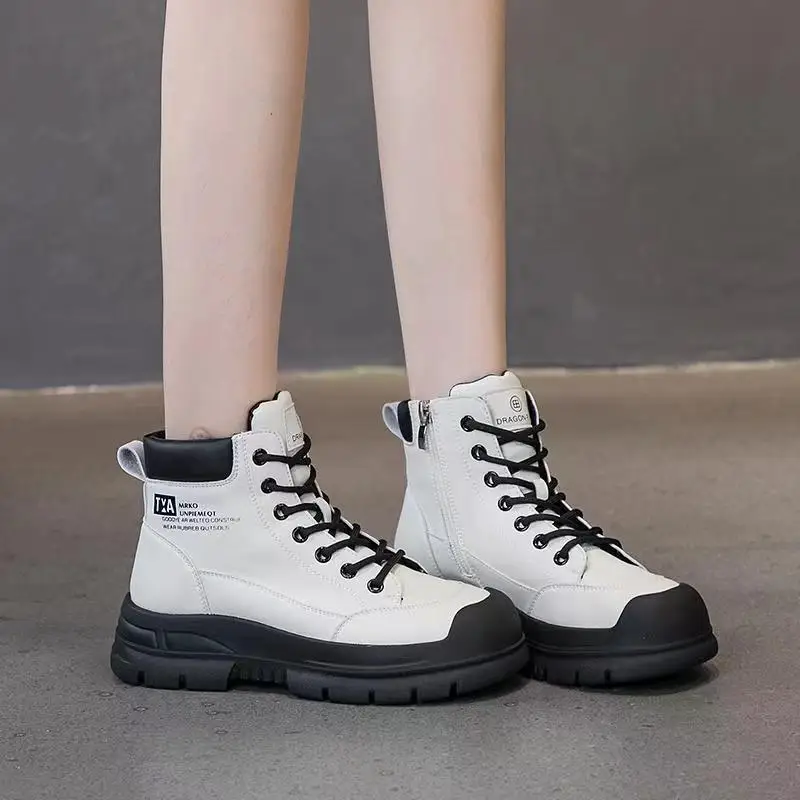 Genuine Leather Martin Boots for Women in Spring New Women's Boots Sith Thick Soles Side High Rise Canvas