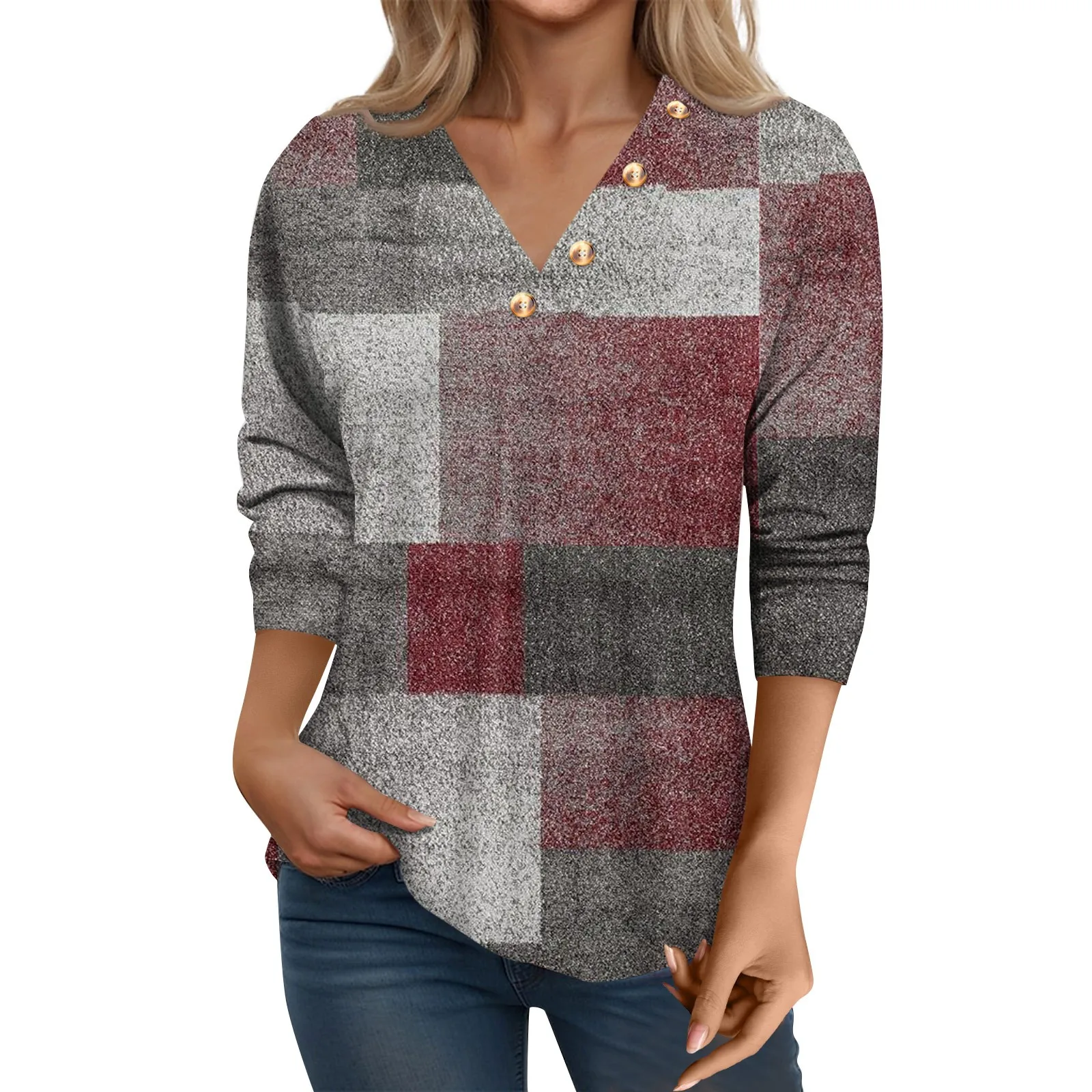 

Женская футболка с рукавом 3/4, Свободный пуловер в ретро стиле с рисунком, топы, Весенняя новая стандартная футболка с V-образным вырезом и пуговицами