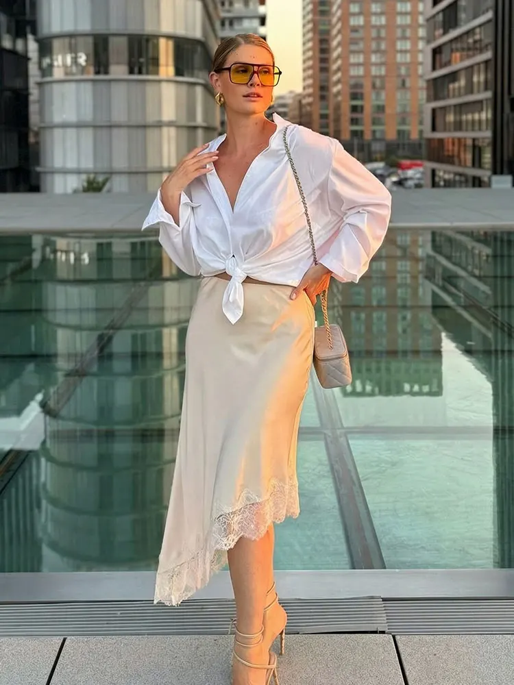 HH Women Chic Asymmetrical Hem Lace Skirt Elegant Fashion Spring Summer Elastic Waist Midi Skirts Evening Club Party Y2k Skirts