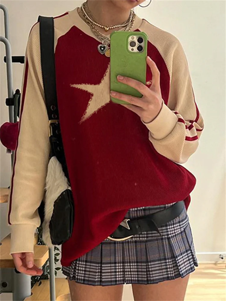 

Vintage Star Sweater Top Thick Warm Casual Long Sleeve T-shirt Y2k Streetwear Knit Women Clothes Plus Size Hooded Jumpers Winter