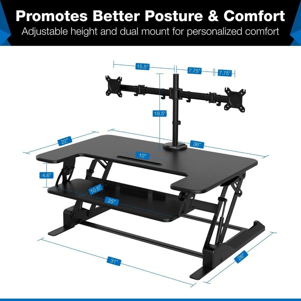 "ergonomic dual monitor standing desk converter, height adjustable desk riser with 2 mounts, black"