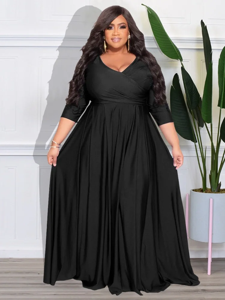 Large size fat woman solid V-neck sexy wedding dress long dress plus size women clothing party dresses - AliExpress