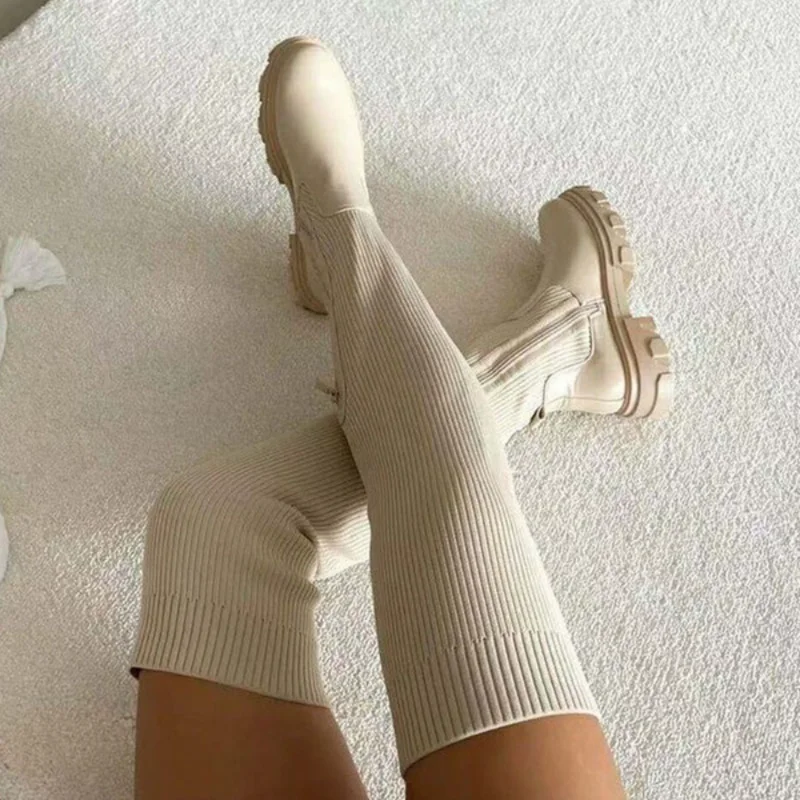 Women Over Knee Boots Thick Heel Slim Fit Winter Velvet Stretch Boots Ladies Autumn Winter Platform Botas Mujer Goth