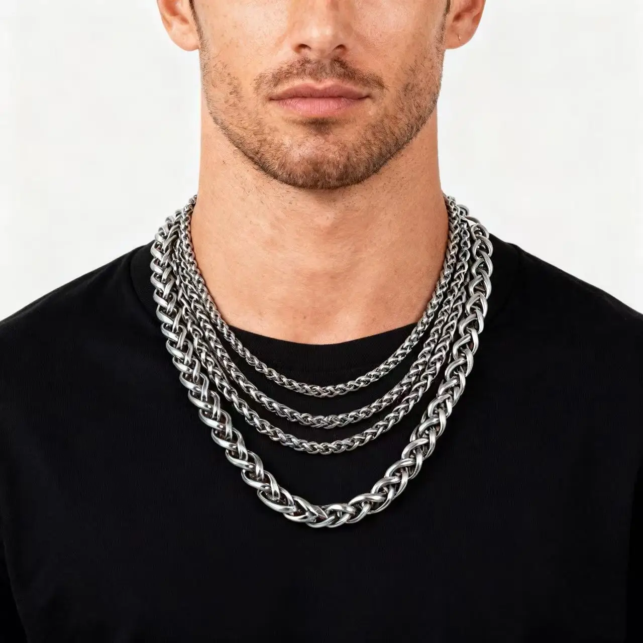 HNSP ステンレス鋼シルバーカラーツイストロープチェーンネックレス