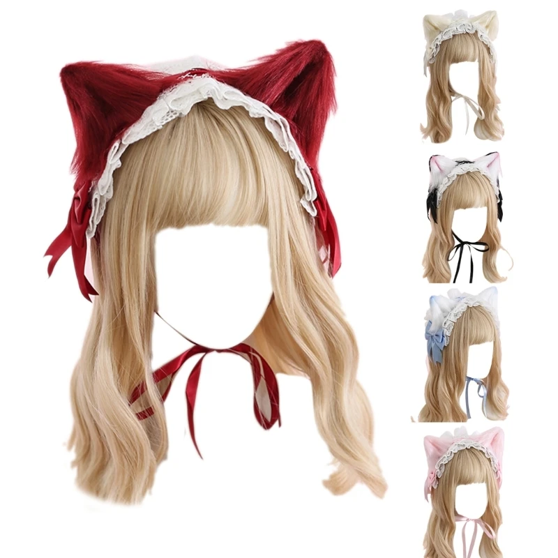 

Furry Cat Ear Hair Clip with Adjustable Lace Bow Teenage Girl Female Holiday Dropshipping