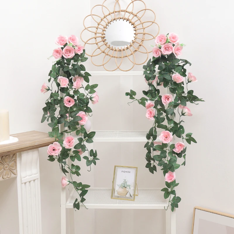 Rosa Fiori Artificiali Vite Appesa Per Ghirlanda Di Nozze Bianco Rosa Casa Decorazione Di Nozze Piante Finte Di Seta Foglie Di Rattan