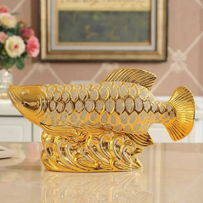 

European Wedding Decor Crafts Ceramic Creative Room Decoration Handicraft Gold Arowana Porcelain Figurines Decorations