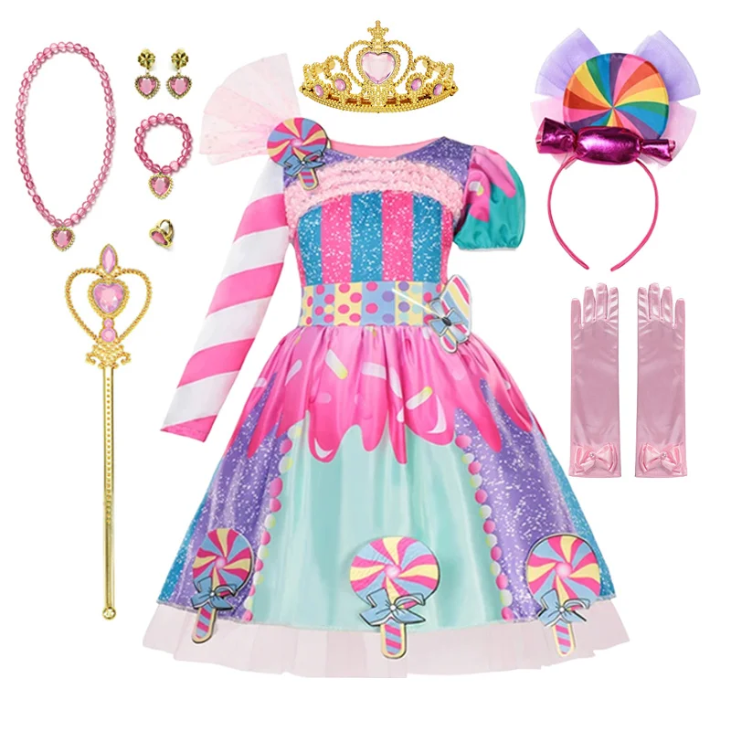 thumbnail image 1 of Disfraz de arcoíris con estampado de piruleta para niños, vestidos de princesa con diadema, ropa de fiesta de cumpleaños y Navidad, 2-10 años, 1 of 5
