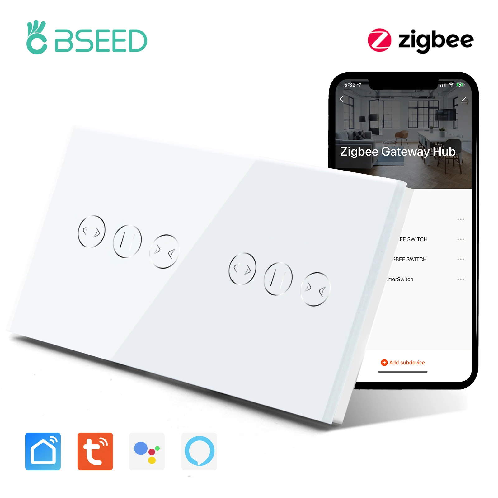 Bseed Tuya Inteligente Zigbee Cortina Interruptor Duplo Wirelss Toque Interruptor da Cortina Google Casa Vida Inteligente Alexa Eco Controle de Voz 5a