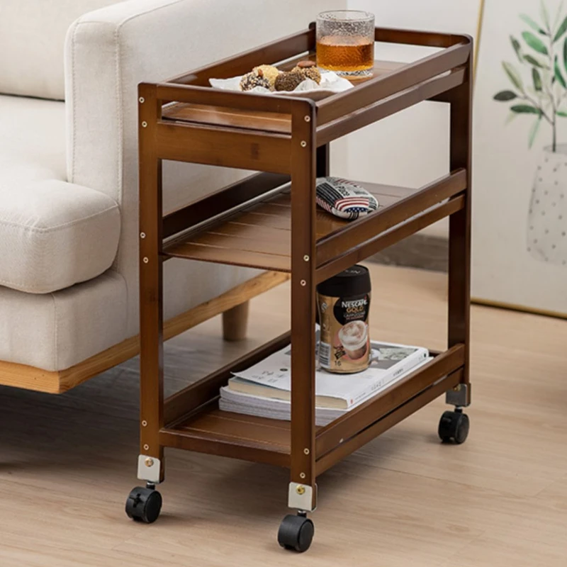 Movable Tea Table Storage Rack MultiLayer Kitchen and Living Room Organizer Bamboo Wood Tea Trolley