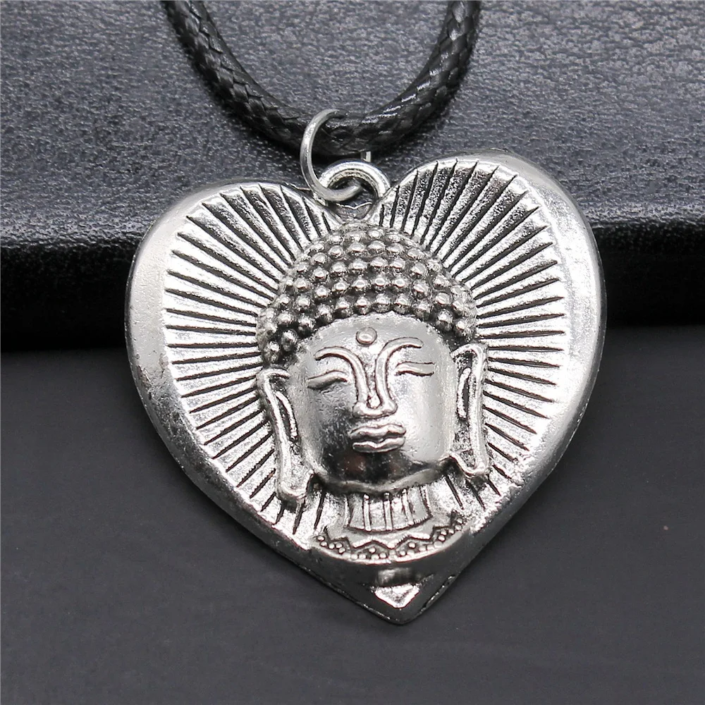 

Unisex Retro Vintage Antique Silver Color 32x32mm Buddha In Heart Pendant Faux Black Leather Rope Chain Necklace