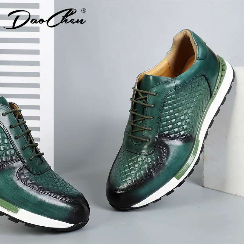 DAOCHEN LUXURY MEN CASUAL LEATHER SHOES FASHION LACE UP SPORT GREEN MENS DRESS SHOES PATCHWORK SNEAKER SHOES FOR MEN