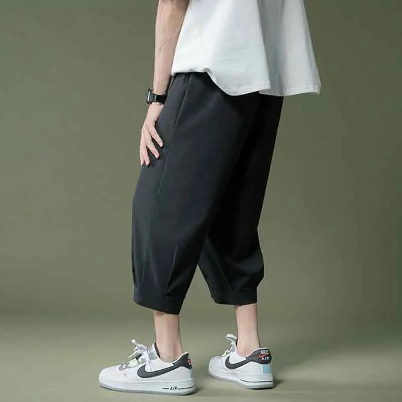 Summer New Korean Men Casual Capris Lantern Pants Solid Elastic Waist Oversize Fashion Big Size Breathable Thin Sports Shorts