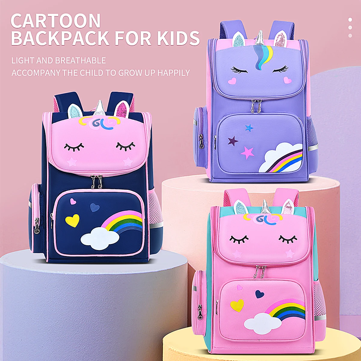 New CHILDREN'S Elementary School Students Schoolbag 6-12 Years Old Boys and Girls Shoulders Backpack 1-6 Grades Unicorn Cute Wat 1